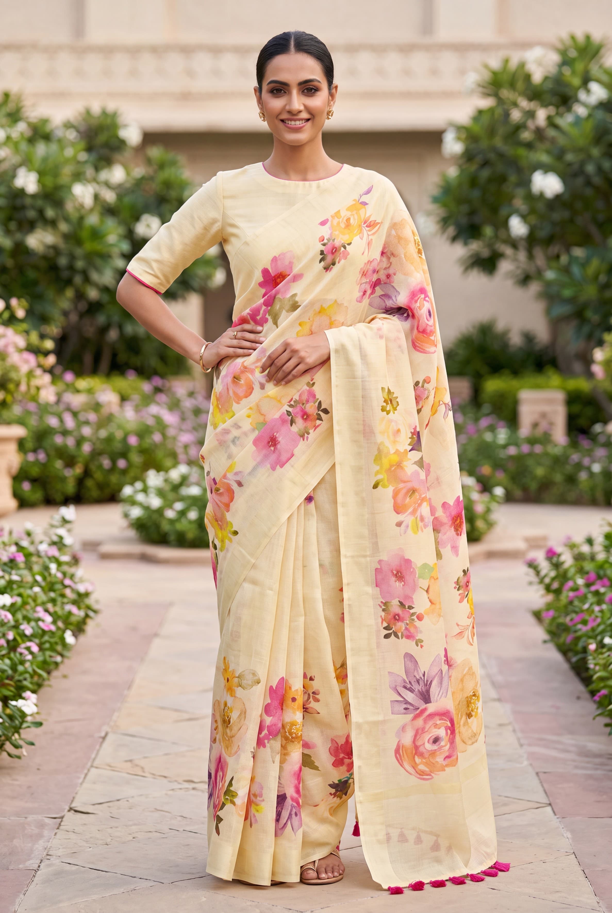 Premium Hand painted Linen Saree with unstitched Blouse Piece