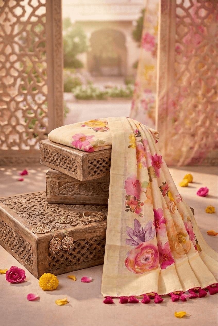 Premium Hand painted Linen Saree with unstitched Blouse Piece Detailed